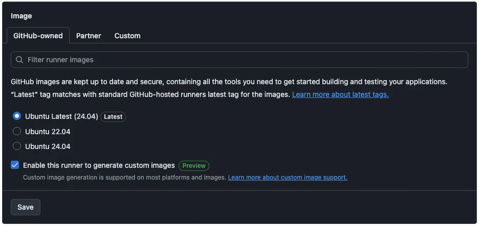 Configuration screen for a larger hosted runner