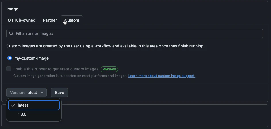 Selecting a custom image when creating a new runner