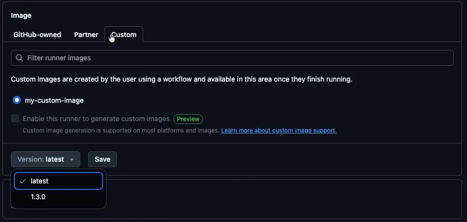 Selecting a custom image when creating a new runner