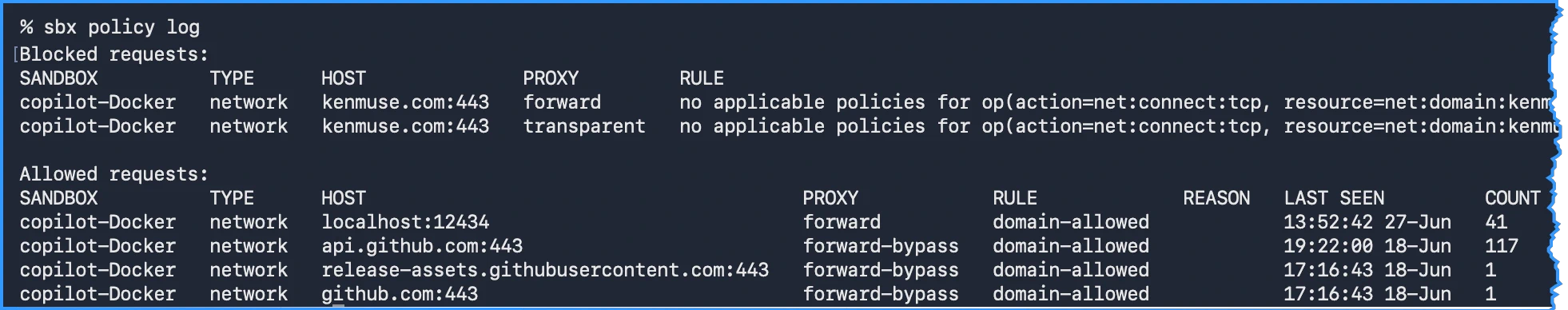 A view of the policy log