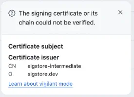 the signing certificate or its chain could not be verified